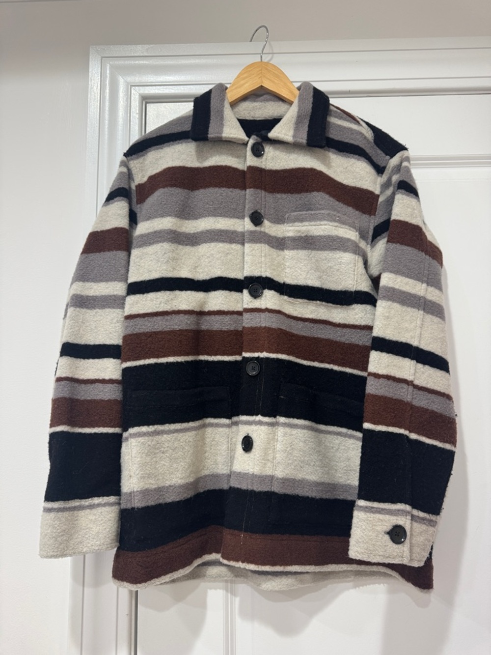 Club Monaco Striped Button Shirt Jacket in Brown, Black & Cream